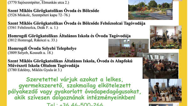 A Miskolci Egyházmegye Közfeladatellátó Intézményei Fenntartója óvodapedagógusokat keres intézményeibe